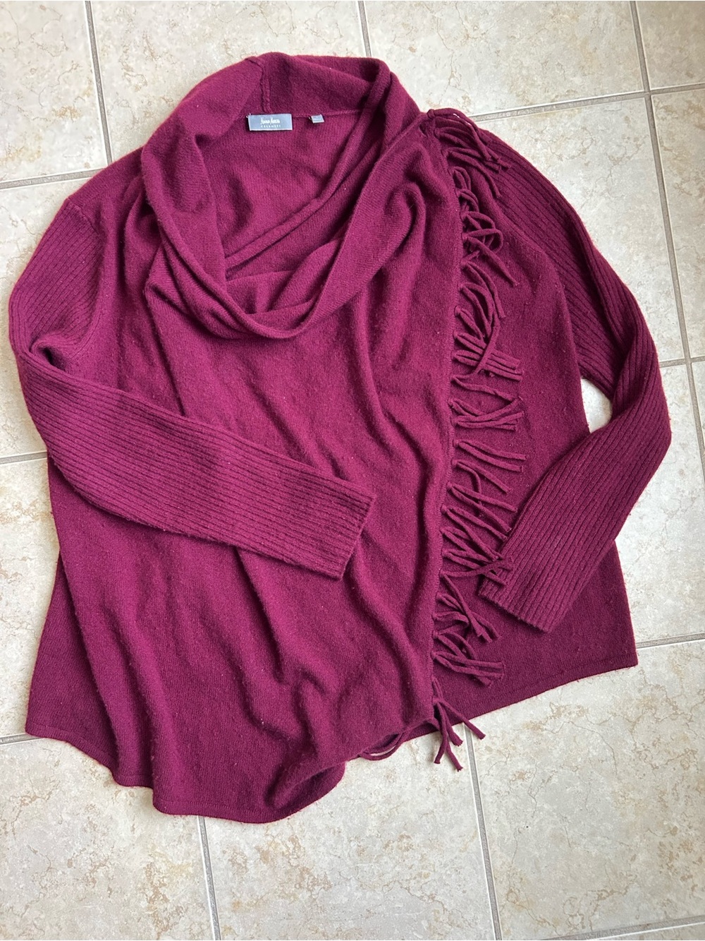 Neiman Marcus Women’s 100% Cashmere Wrap Sweater, Large Burgundy Plum Fringe